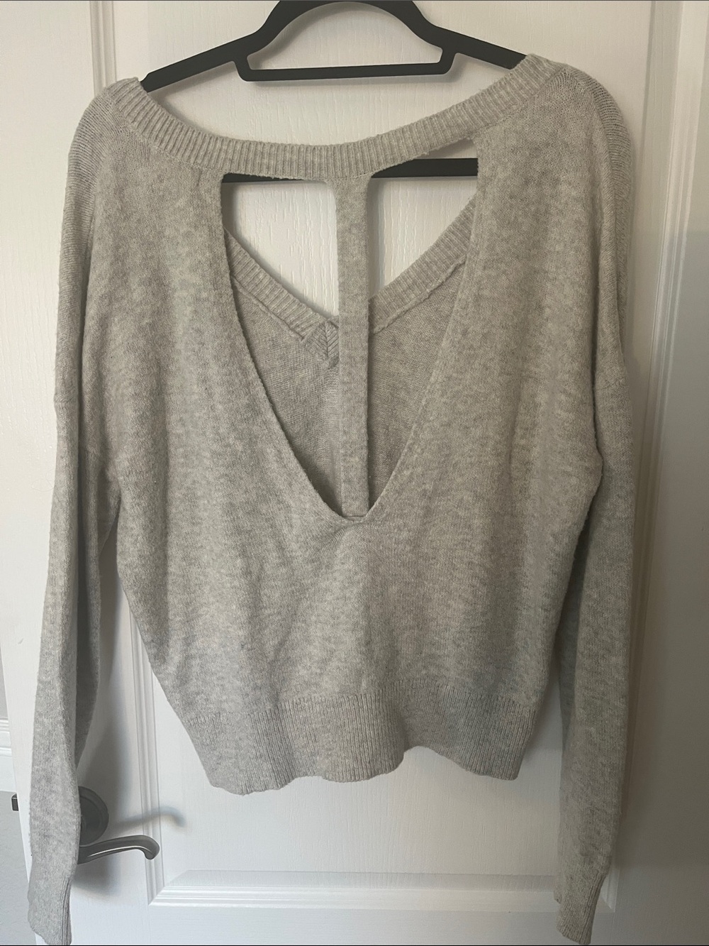 Shrinking Violet Light Gray Open-Back V-Neck Sweater